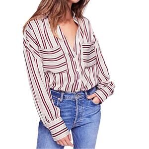 Free People Mad About You Long Sleeve Collar Striped Button Blouse Oversized